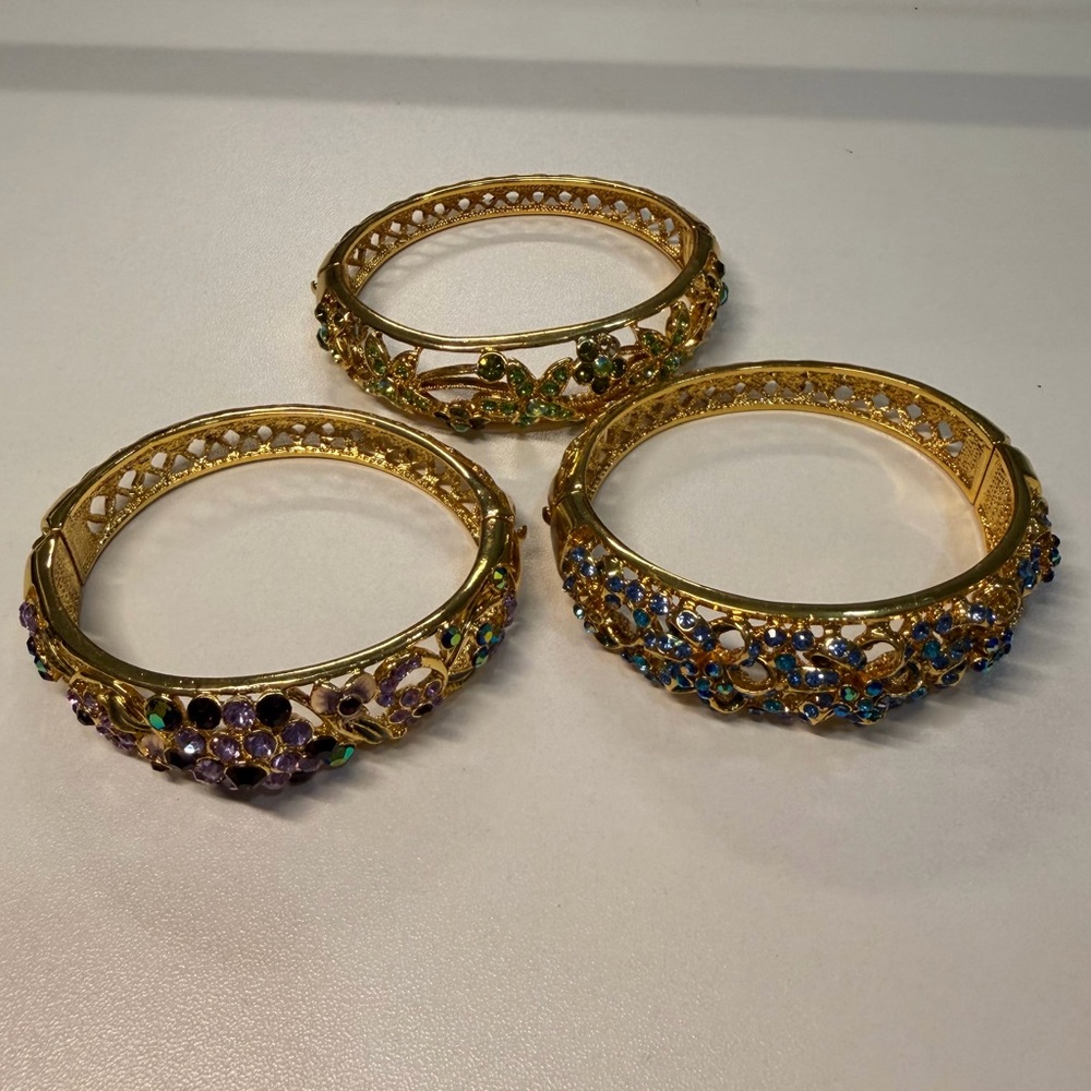 Gold Rhinestone Floral Stackable Multicolor Statement Bangle Bracelet Set
